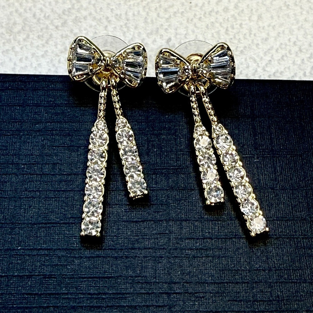 Gold Tone Bow Drop Earrings Clear Crystal Dangle Made With Swarovski Elements